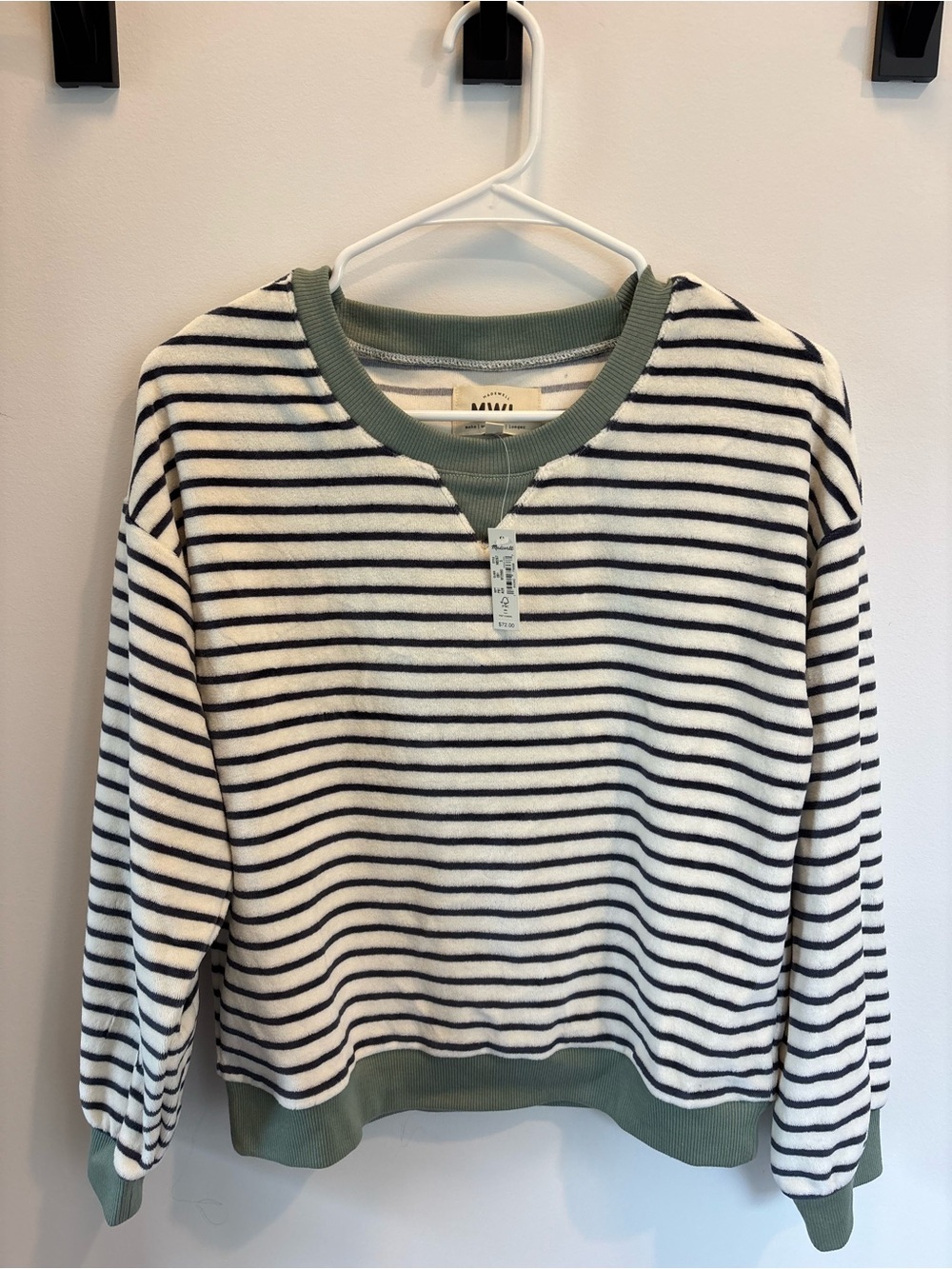 Madewell White & Black Striped Crewneck Sweater with Green Trim